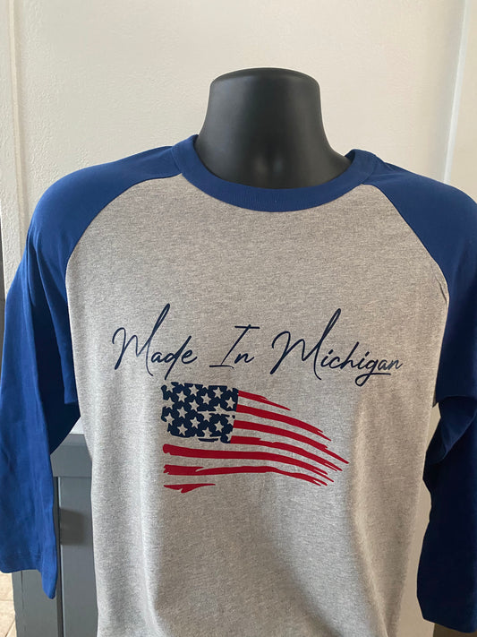 Made In MI Flag 3/4 Sleeve Baseball Shirt